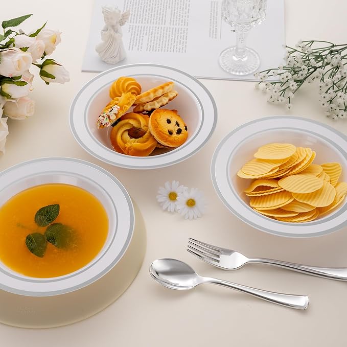 50pc Disposable Soup Bowls With Silver Rim,12oz Disposable Soup Bowls,Disposable Soup Dessert Salad Bowls for Wedding/Party/Catered Events