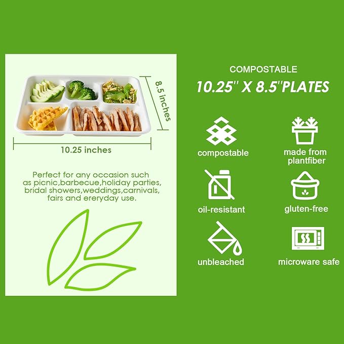 Vplus 500 Pack 5 Compartment Plates, 100% Compostable Paper Plate, 10.25x8.5 inch Disposable School Lunch Trays, Eco-Friendly Bagasse Plates for School Lunch, Buffet, and Party, Perfect for Kids