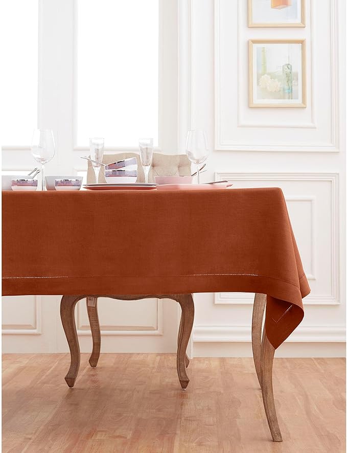 Solino Home Linen Cinnamon Tablecloth 60 x 108 Inch - Classic Hemstitch, 100% Pure Linen Rectangular Tablecloth - Machine Washable Table Cloth for Winter