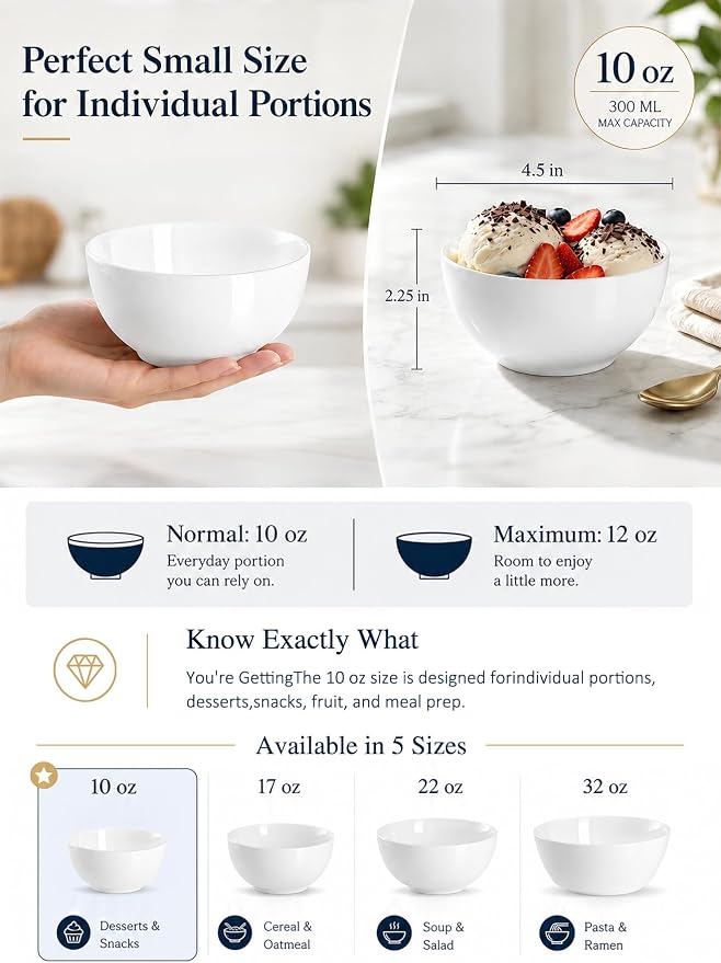 Small Bowls Set, 10 oz Porcelain Bowls of 8 | Ceramic, - Image 4