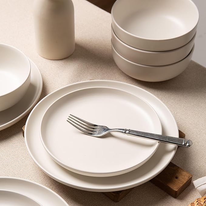 12-Piece Stoneware Dinnerware Set with Mugs | Microwave and Dishwasher Friendly | Stackable Matte Glaze Plates & Bowls | Service for 3 (White for 4)