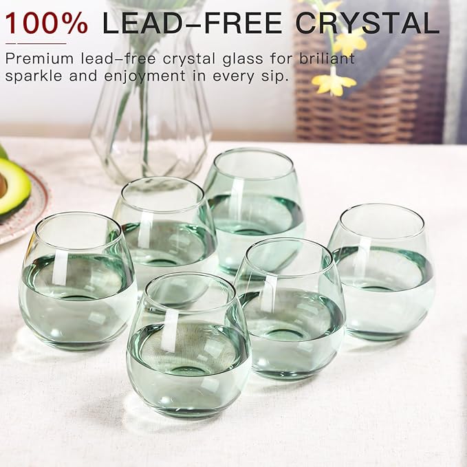 Green Stemless Wine Glasses Set of 6-15oz -Modern Hand-Blown Wine Glasses, European Design Crystal Glass For Red & White Wine, Unique Gifts for Wedding, Birthday