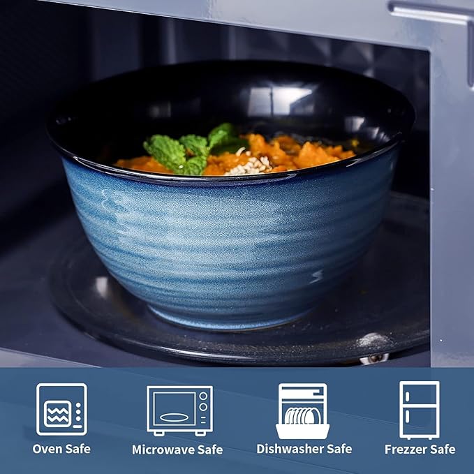 MEKY Soup Bowls Set of 4,40 OZ Large Ceramic Cereal Bowls, 7 Inch Deep Serving Bowls for Ramen, Pho, Salad, Pasta, noodles, Decor and Housewarming Gift, Dishwasher & Microwave Safe, Blue