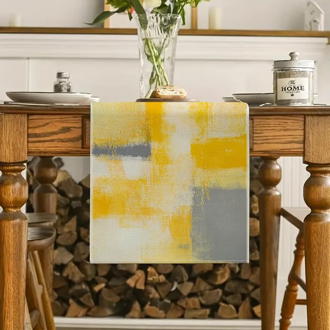 Yellow and Grey Table Runner 13x72 Inch Modern Abstract Art Painting Kitchen - Image 2