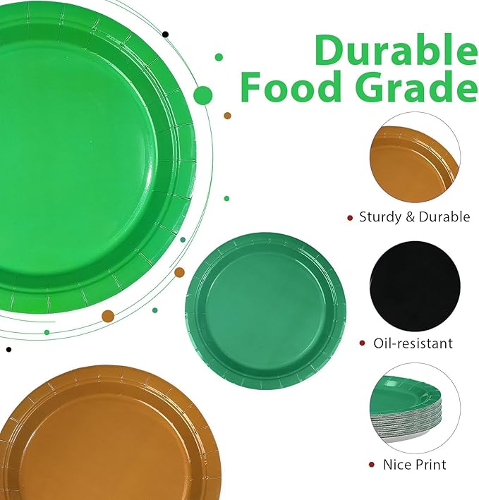 60Pcs Green and Brown Plates 9” Green Black Party Paper Plates Hunting Theme Birthday Platters Disposable Tableware for Camo Army Hunting Theme Party Decorations