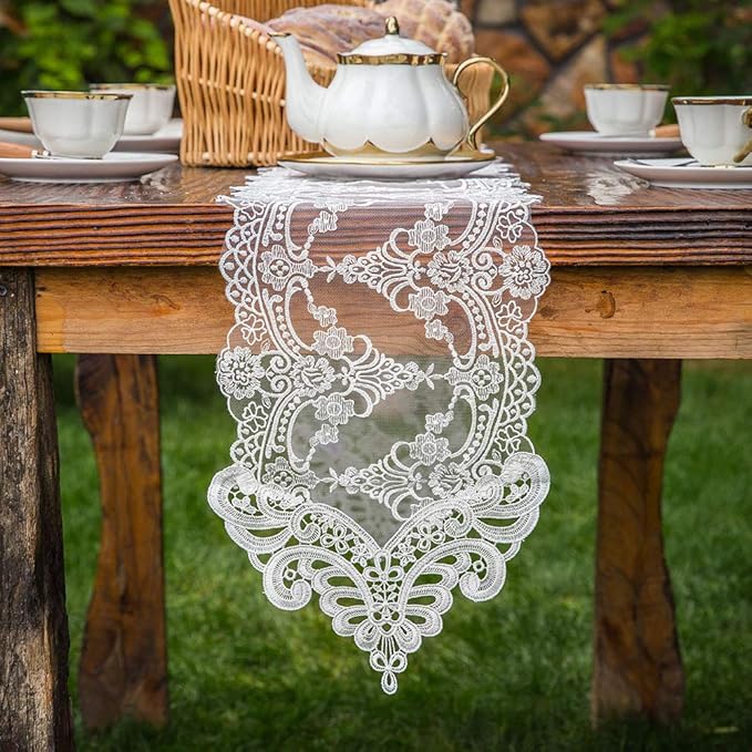 ARTABLE White Lace Table Runner Macrame Vintage Dresser Scarf 10 x 110 Inch | by ARTABLE