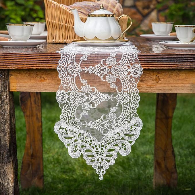ARTABLE White Lace Table Runner Macrame Vintage Dresser Scarf 10 x 70 Inch | by ARTABLE