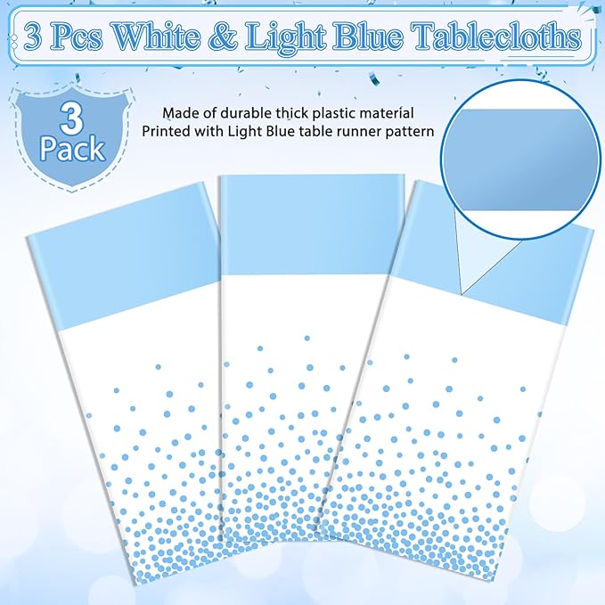 MASHAN 3Pcs White and Light Blue Tablecloth Party Decorations, Plastic White - Image 4