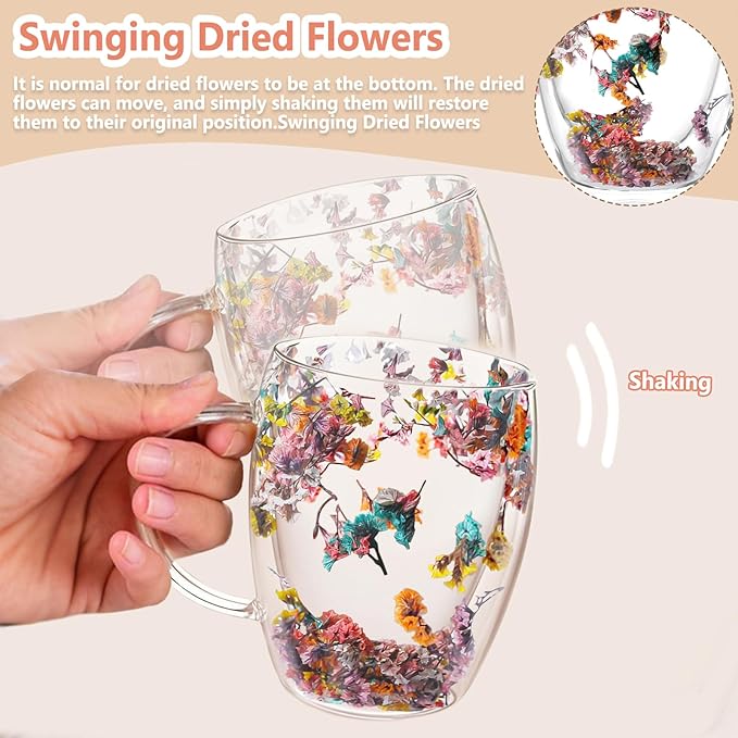 Gifts for Women Dried Flowers Double Wall Glass Coffee Mugs Cute Glass Tea Cups - Image 4