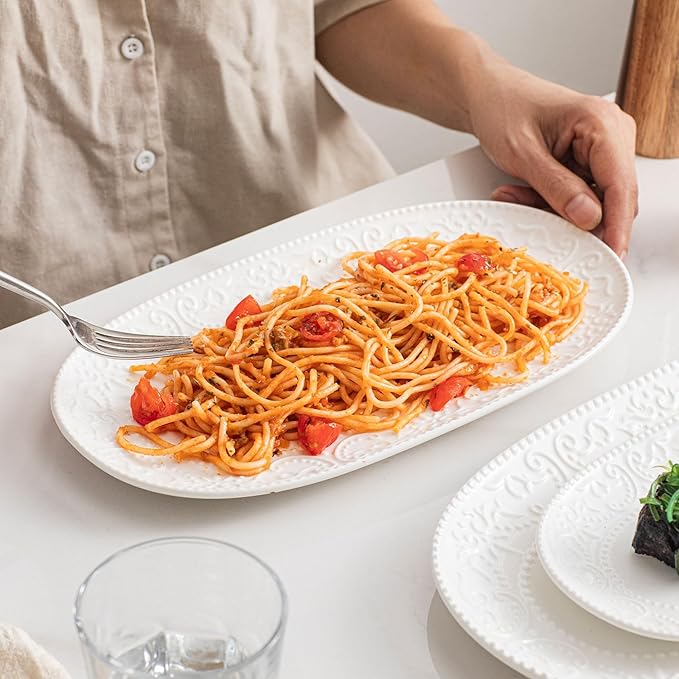 Oval Serving Platter, 14"/12"/10" Ceramic Serving Platters, Embossed White Serving Plates, Stackable Porcelain Tray for Appetizer, Dessert, Pasta, Sushi, Oven Dishwasher Safe, Set of 3, Family Dining