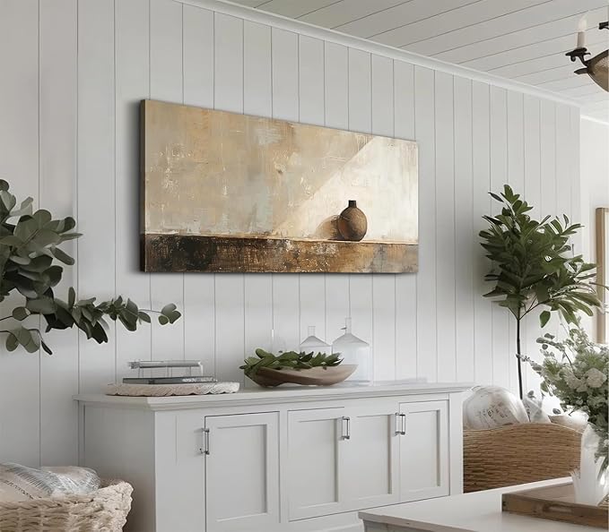 ADJUVANT Wall Art Minimalist Neutral Vase Painting 48" L x 24" W, Earth Tone Canvas Artwork Prints Simple Pottery Pictures Contemporary Rustic Wall Decor for Living Room Bedroom