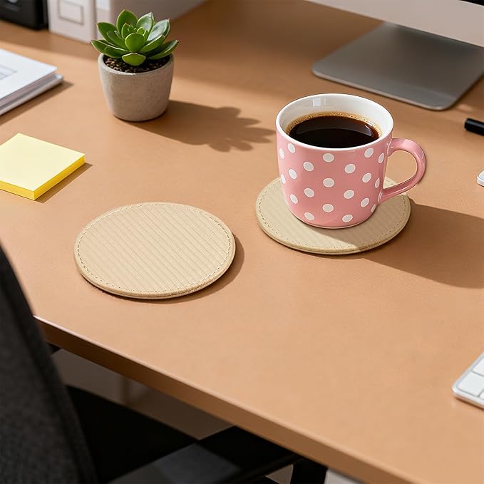6 Pcs Premium Leather Coasters with Holder, Tabletop Protection, Coffee Table & Bar Decoration, Modern-Style Drink Coasters Suitable for Home Dining Tables & Kitchen Accessories (Beige Stripe)