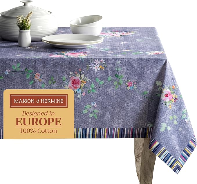 Maison d' Hermine Table Cloth Rectangle Table 100% Cotton 54 x 72 Inches Tablecloth Reusable Decorative for Dining Room Valentines Day Decorations Spring Summer - Sweet Rose Lavender - Country Garden