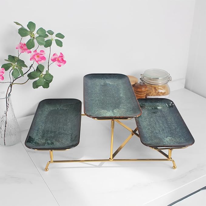 3 Tier Serving Trays for Party, 12 Inch Porcelain Serving Platters and Tiered Trays, Foldable Sturdy Gold Stand, for Food Display, Fruit, Cake Dessert, Decoration Entertaining, Black