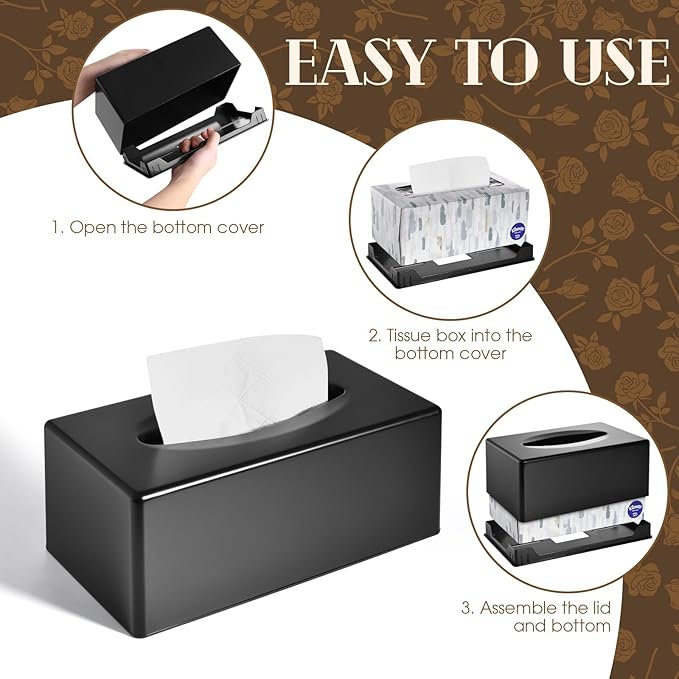 Tissue Box Cover, Rectangular Facial Tissue Holder with Bottom, Decorative Storage Organizer Box for Bathroom Vanity, Countertops, Dressers, Night Stand, Parlors and Offices - Black