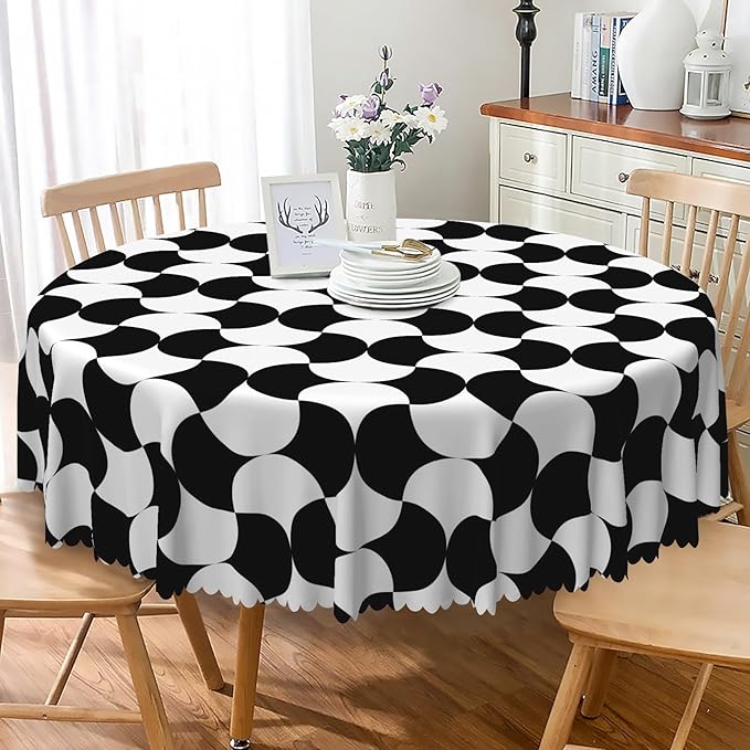 Laeacco 36 Inch Geometric Round Tablecloth Black and White Abstract Pattern Modern Art Print Table Cloth Washable Waterproof Wrinkle Free Table Cover for Kitchen Dining Picnic Party Decoration