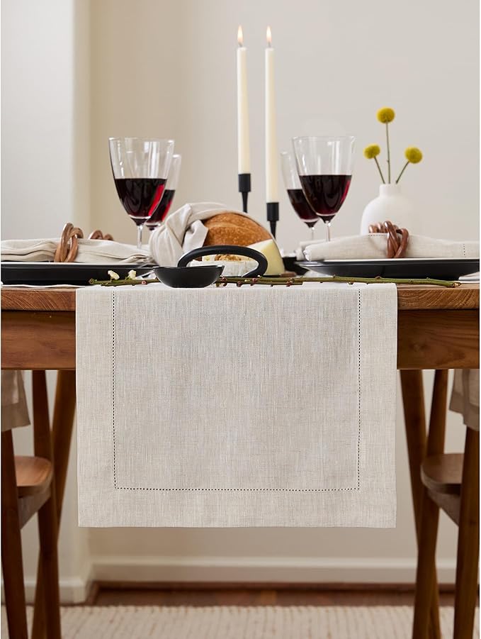 Solino Home Linen Light Natural Table Runner 72 Inches Long - 100% Pure Linen Hemstitch Table Runner 14 x 72 Inch for Dresser, Dining, Spring, Easter - Classic Hemstitch