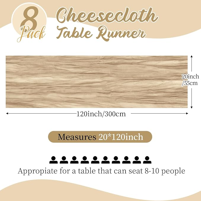 8 Pack Beige Cheesecloth Table Runners 20x120 Inch Gauze Table Runner Cheese - Image 2