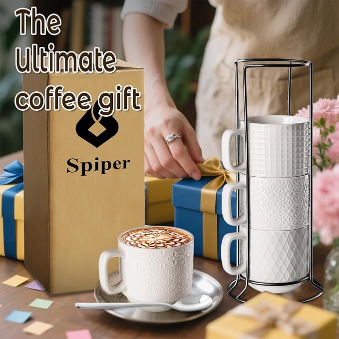 Large Coffee Mug Set of 4 with Stand and Spoons – 14oz Heavy Duty Ceramic Cups - Image 8