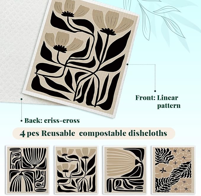 Swedish Dishcloths for Kitchen, Floral Boho Botanical Swedish DishCloths, Papaya Reusable Paper Towels Washable, 4 Pcs Dish Towels for Kitchen Party Home Housewarming Cleaning Cloths