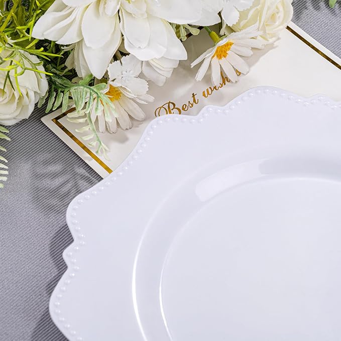 COLOSUS 100pcs 7.5 Inch White Plastic Dessert Plates,Heavy Duty Disposable Appetizer Plates,Premium Plastic Salad Plate,Fancy Disposable Cake Plate for Party, Thanksgiving and Everyday Use