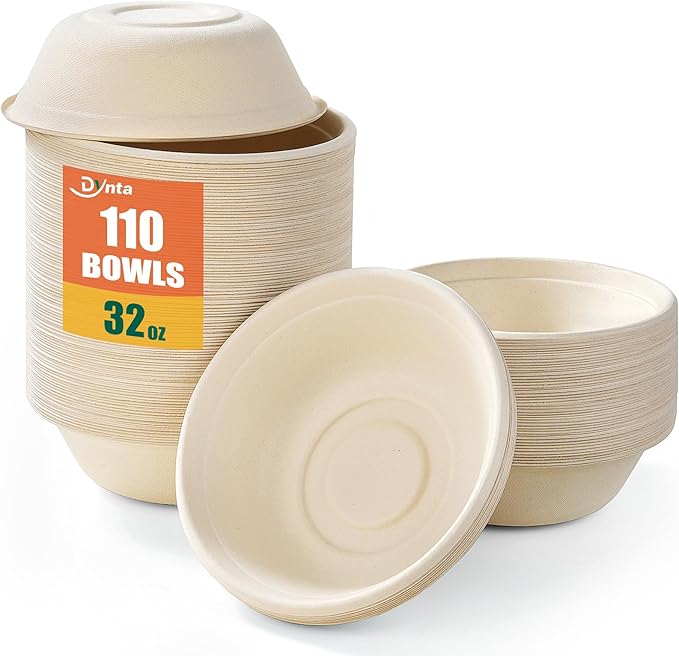 Dynta Paper Bowls 32oz, 110 Pack | Large Compostable Disposable Bowls by Dynta