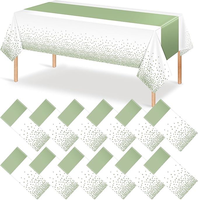 12Pcs White and Sage Green Tablecloth Decorations, Plastic White Table Cloth by MASHAN