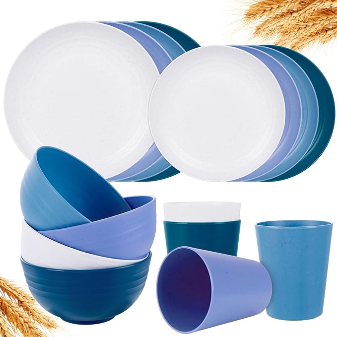 Rubtlamp 16pcs Wheat Straw Dinnerware Set, Unbreakable Plates And Bowls Sets of by Rubtlamp