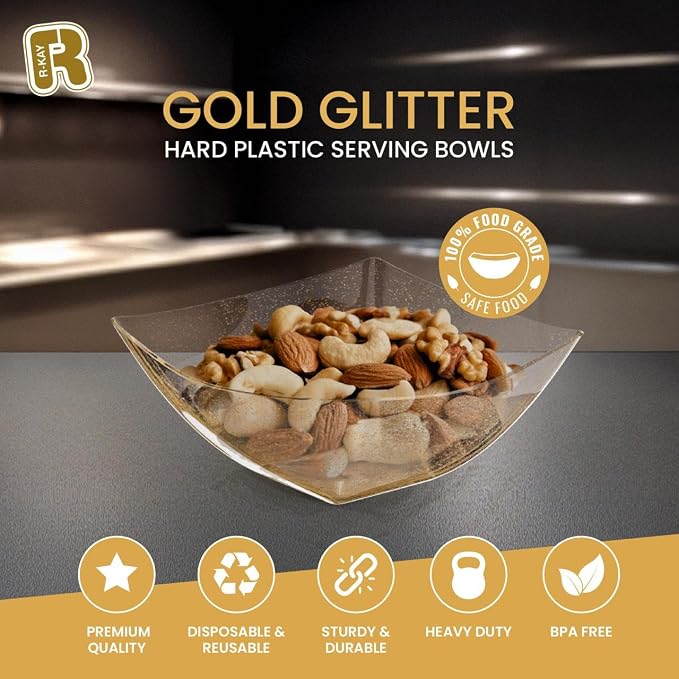R-kay 6 Pack Gold Glitter Plastic Serving Bowls -16 Oz Gold Plastic bowls 16 Oz - Image 2