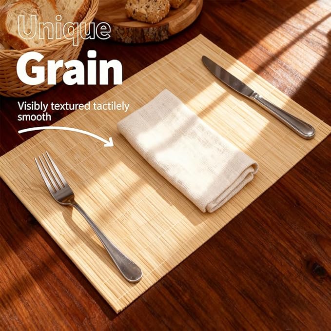 4-Pack Bamboo Placemats,Woven Heat-Resistant Rectangular Table Mats, Natural Dining Place Mats, Rustic Japanese Style Wood Mats for Indoor Dining, Kitchen and Party Use, Beige