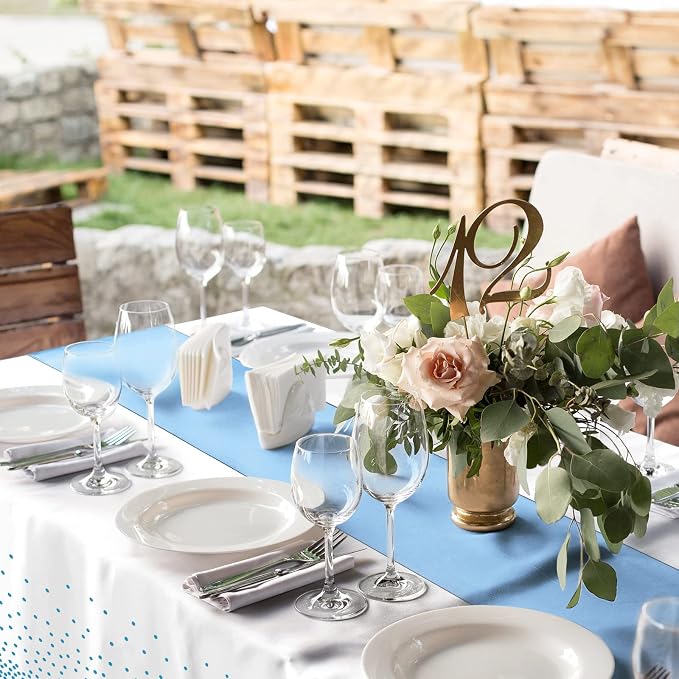 8Pack Disposable Plastic Tablecloths and Satin Table Runner Set White and Light - Image 6