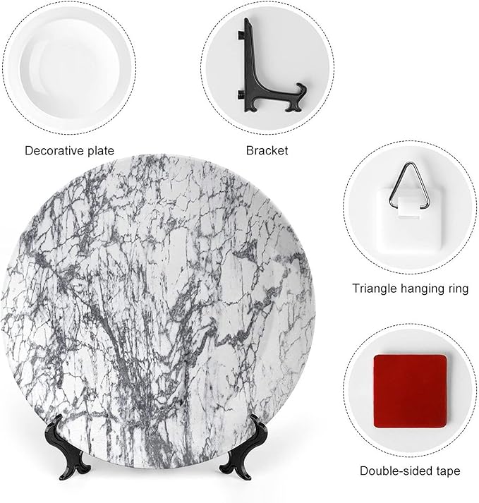 Ceramic Plates, Abstract Decorative Ceramic Plates, Murky Marble Rock Motifs Dynamic Fractal, 10 Inch, Household Plates Decorative, Grey White