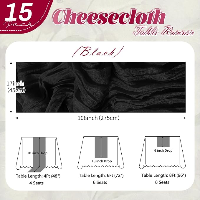 15 Pack Black Cheesecloth Table Runner 17 x 108 inch Cheese Cloth Table Runners - Image 2