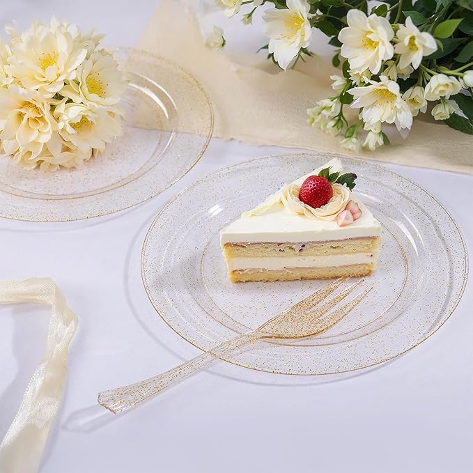 WELLIFE 120 Guests Gold Glitter Plastic Plates and Dessert Forks, 6.5 inch Disposable Dessert Plates, Durable Plastic Small Forks, Perfect for Catering, Parties &Weddings, regular