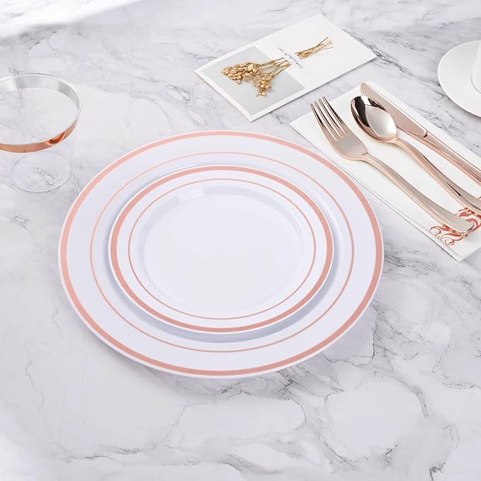 BESTVIP 200PCS Rose Gold Plastic Plate, Disposable Party Plates with 100 Dinner Plates and 100 Dessert Plates, Plastic Plates for Party, Wedding and Birthday
