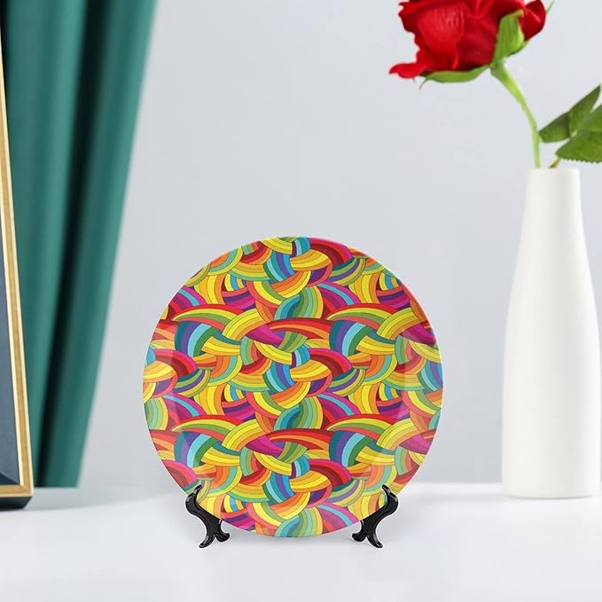 Decorative Plates, Abstract Decor Print Ornament, Colorful Rainbows Wheels Spiral Wavy Fashionable, 7 Inch, 1 Plate with 1 Display Stand, Multy