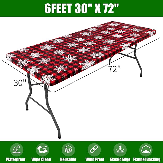 Smiry Plastic Christmas Tablecloth, Buffalo Plaid Waterproof Elastic Fitted Table Covers, Wipeable Flannel Backed Vinyl Tablecloths for Dinner, and New Year Celebration (Black & Red, 30x72 Inches)