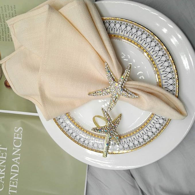Crystal Starfish Napkin Rings - Rhinestone Coastal Nautical Napkin Ring Holders for Wedding Party, Beach/OceanTheme Dining Table Decoration Accessories (6)