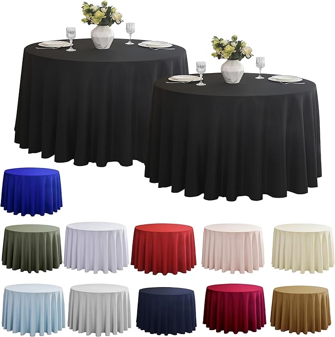 2-Pack Round 90-inch Black Table Cloths, Solid Stain and Wrinkle Resistant Circular Tablecloth, Premium Plain Weave Polyester Fabric Table Linen Covers for Hotel, Banquet