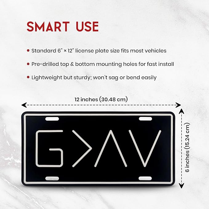 Autobase Black Metal Decorative Front License Plate (6" x 12") | Embossed G>^V - God is Greater Than The Highs and Lows | Vanity Car Tag for The Front of Vehicles