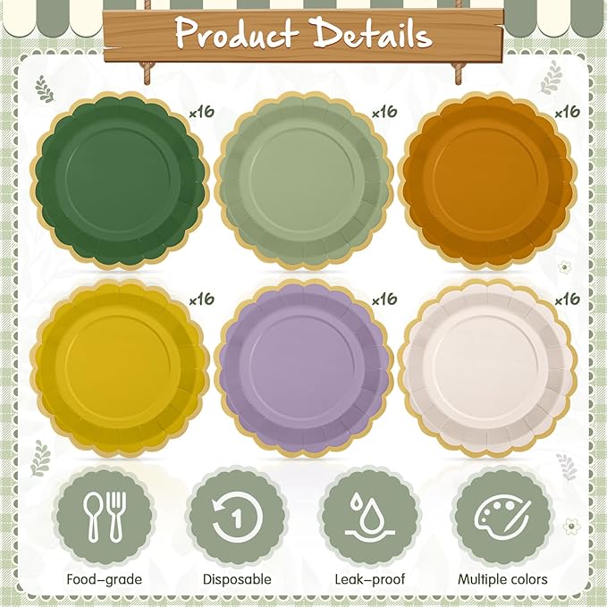 96 Pcs Nature Wedding Paper Plates 9 Inch Sage Green Purple Scalloped Paper Disposable Dinner Dessert Plates for Birthday Wedding Bridal Party Supplies, 6 Colors