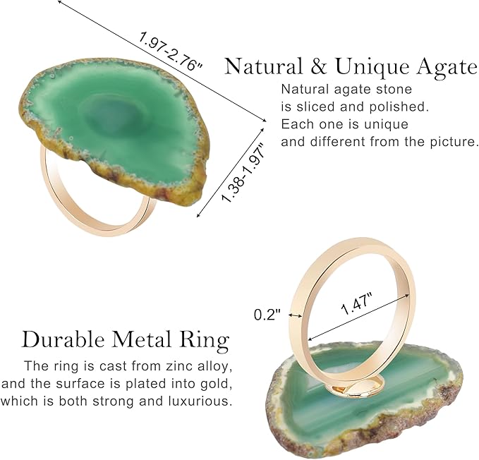 CozyTower Agate Napkin Rings Set of 4, Gold Napkin Holders for Cloth Napkins, Unique Wedding Decorations Napkin Ring Kitchen Accessories for Dinner Party (Green Agate)