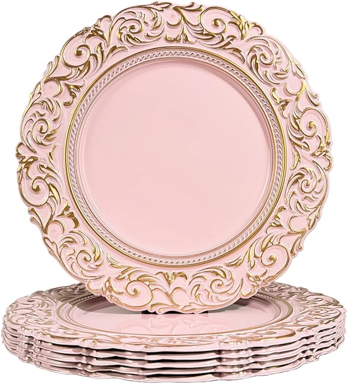 Pink Charger Plates with Gold Embossed Rim, Plate Chargers by Umisriro