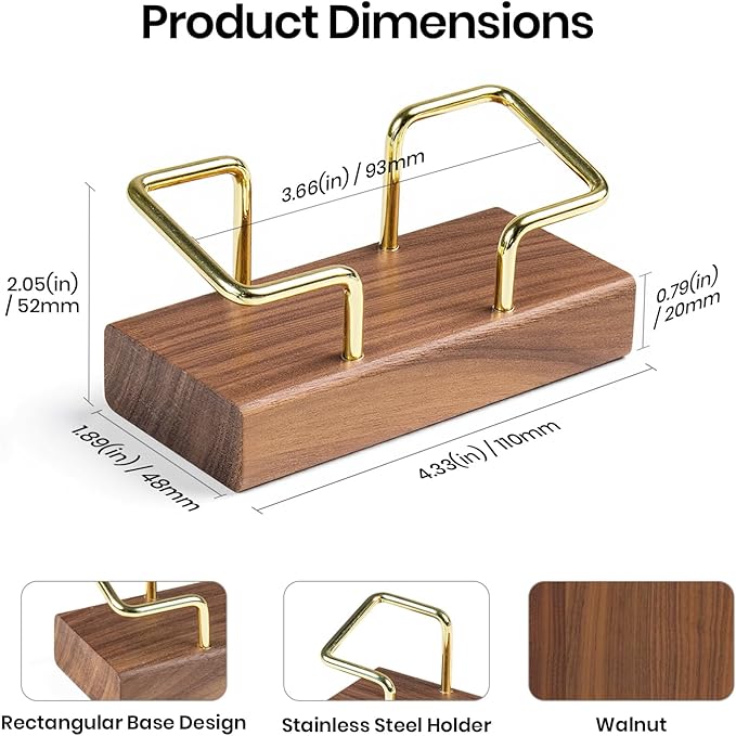 Business Card Holder for Desk, Minimalist Wooden Desk Organizer with Brass Metal Frame, Stylish Office & Home Decor for Professional Card Display(Walnut Rectangle)