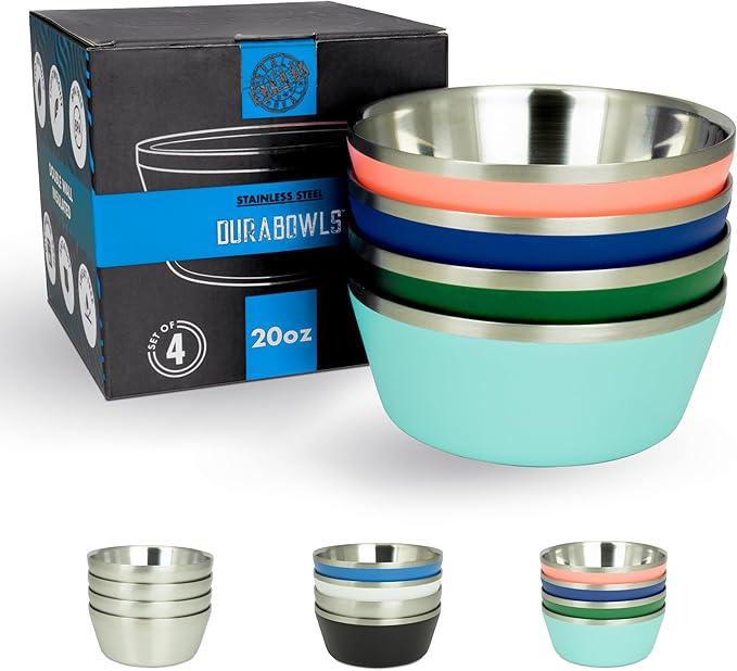 Stainless Steel Insulated Bowls for Kids and Adults - Set of 4-20 Oz Double Wall Metal Bowls for Ice Cream, Soup, Cereal, Snack, Rice Dish, Camping (Assorted 2 (Navy, Green, Teal Blue, Coral))