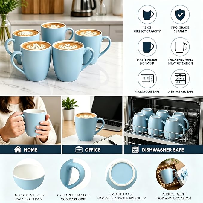 Coffee Mugs Set of 6, 12oz Ceramic Coffee Mugs - Image 3