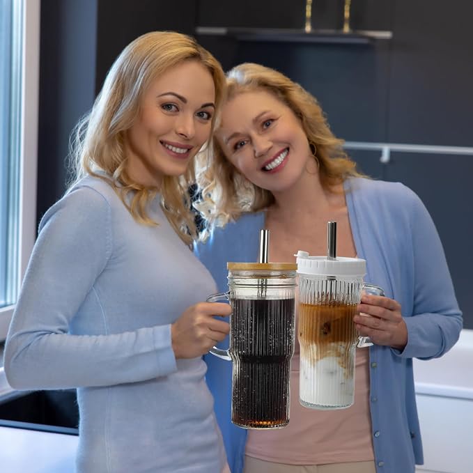 24oz Ribbed Glass Tumbler With Handle, Reusable Glass Iced Coffee Cups With lids - Image 7