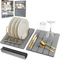 Large Foldable Stone Dish Drying Mat – Diatomaceous Earth, 2 Pack (12"x16" Each) or 24"x16" Combined – Fast Dry, Anti-Slip Pad, Sanding Tool & Instruction Manual for Kitchen and Bathroom, Dark Gray