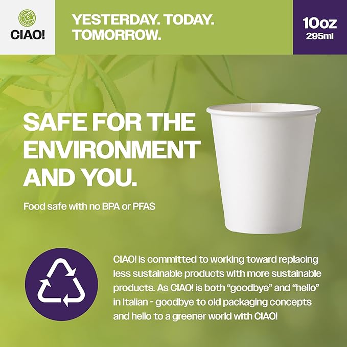 CIAO! 10oz White Paper Hot Cup, Disposable, 80mm Diameter 500 Count
