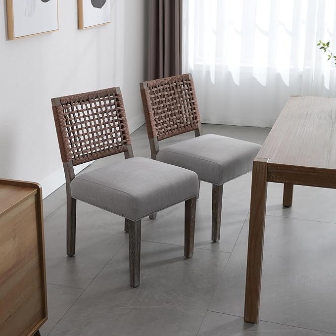 Farmhouse Dining Chairs Set of 6 Linen Fabric Upholstered Accent Side Chair, Mid Century Modern Kitchen & Dining Room Chairs with Woven Rope Back for Home, Living Room, Bedroom - Grey